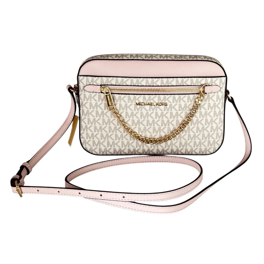 Michael Kors Jet Set Item East West Zip Chain Crossbody Bag MK Vanilla/Pink